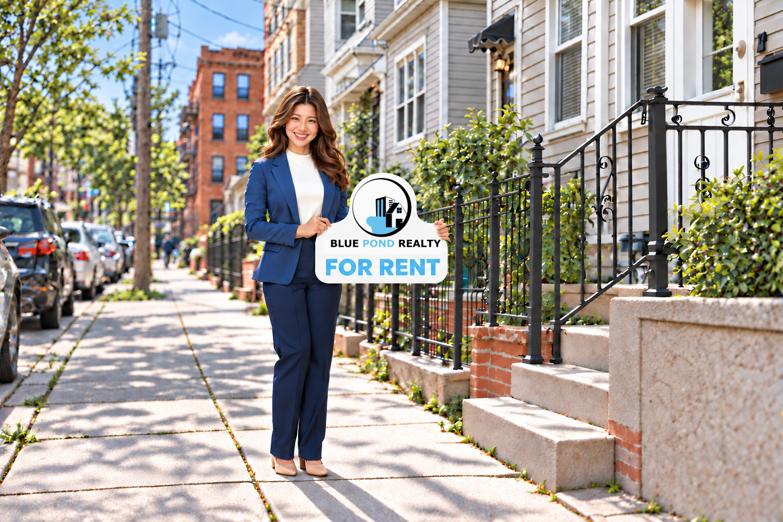 Showing agent holding a Blue Pond Realty For Rent sign