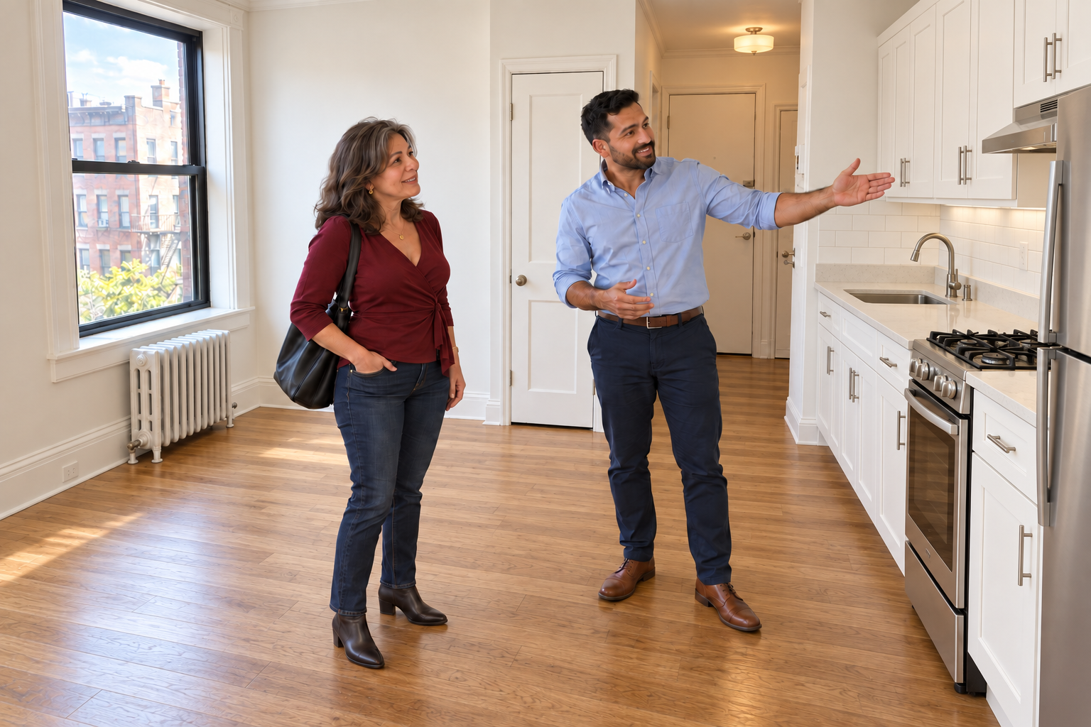 A leasing agent showing a studio apt to a prospective tenant